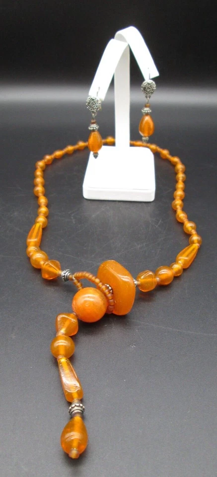 Conjunto de collar de cuentas naranja de vidrio artístico pendientes de 27" vintage hechos artesanalmente WOW Foto 2 de 4