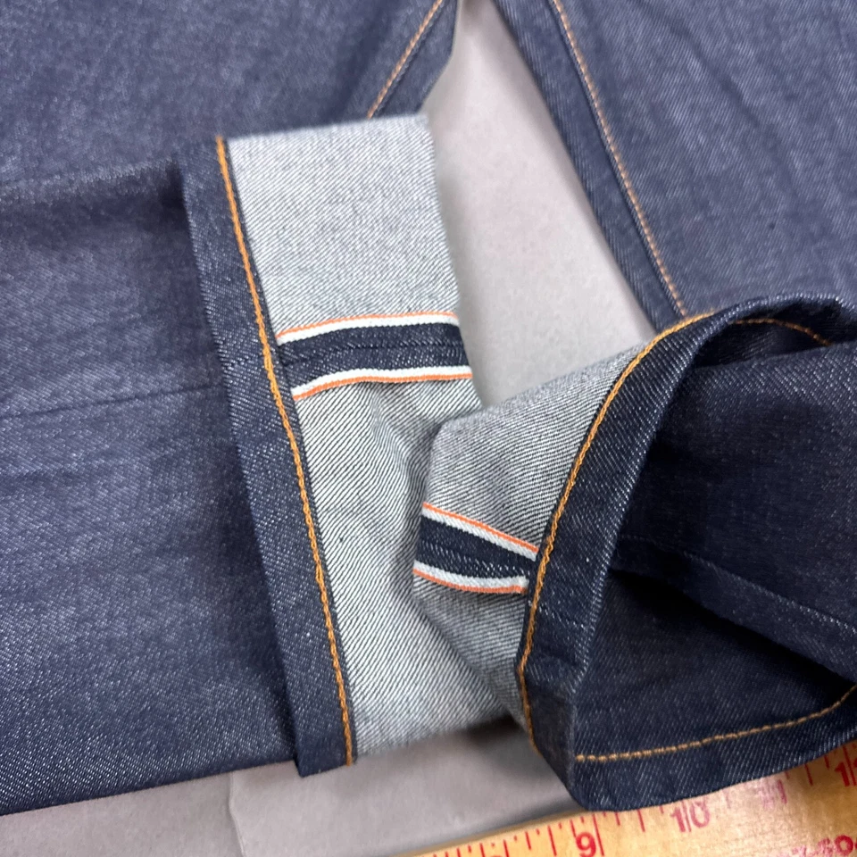 Pantalones de mezclilla Baldwin para hombre 30x36 ribete azul Henley hechos en la oscuridad EE. UU. (etiquetados 27) Foto 3 de 4