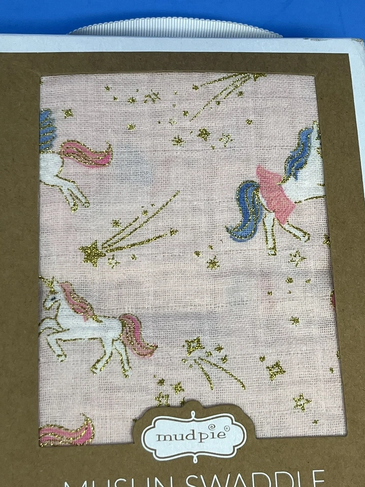 Mud Pie Baby Rosa Unicornio Algodón Muselina Envoltura Manta Caja de Regalo 47” X 47” Nuevo Foto 2 de 4