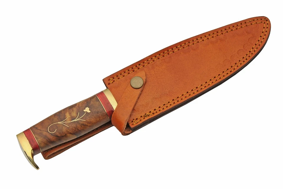 Fixed Blade 12.25" Brass Inlaid Handle Hunting Camp Knife w/ Leather Sheath -NEW - Image 3 of 4