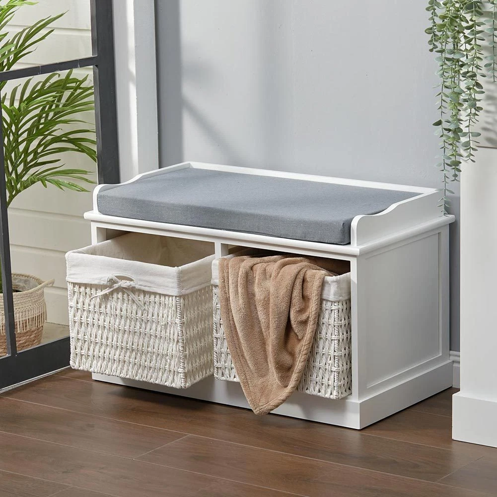 White upholstered storage bench deals