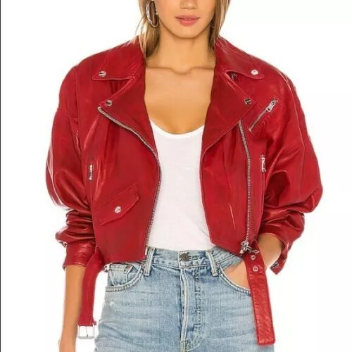 Womens Fashion 80s Leather Jacket Oversized cropped Red Leather Biker  Jacket-157