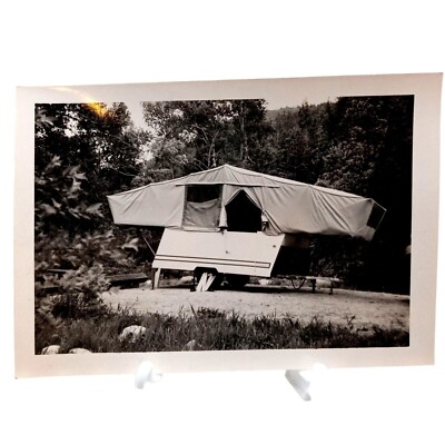 Vintage Pop Up Camper Photograph Picture Found Art Hayden Creek Camping Black Wh
