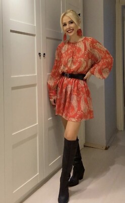 zara red paisley dress Zara Dress Red Paisley Elastic Waist Womens Size Medium Paisley New With Tag NWT