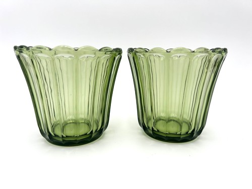 Due vasi fioriere vintage in vetro avacado verde Indiana a costine - Foto 2 di 5