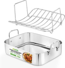 Roasting Pan with Polished Rack, Wide Handle, and Stainless Steel Lid,