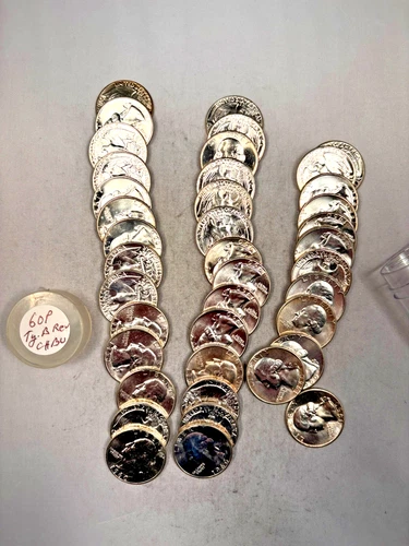 1960P WASHINGTON QUARTER 90% SILVER CH. BU BRILL UNC 40 COIN ROLL TYPE B REVERSE