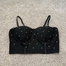 Mele E Pere Black Sequin Studded Corset Bustier Top Lace Y2K Party Festival Med