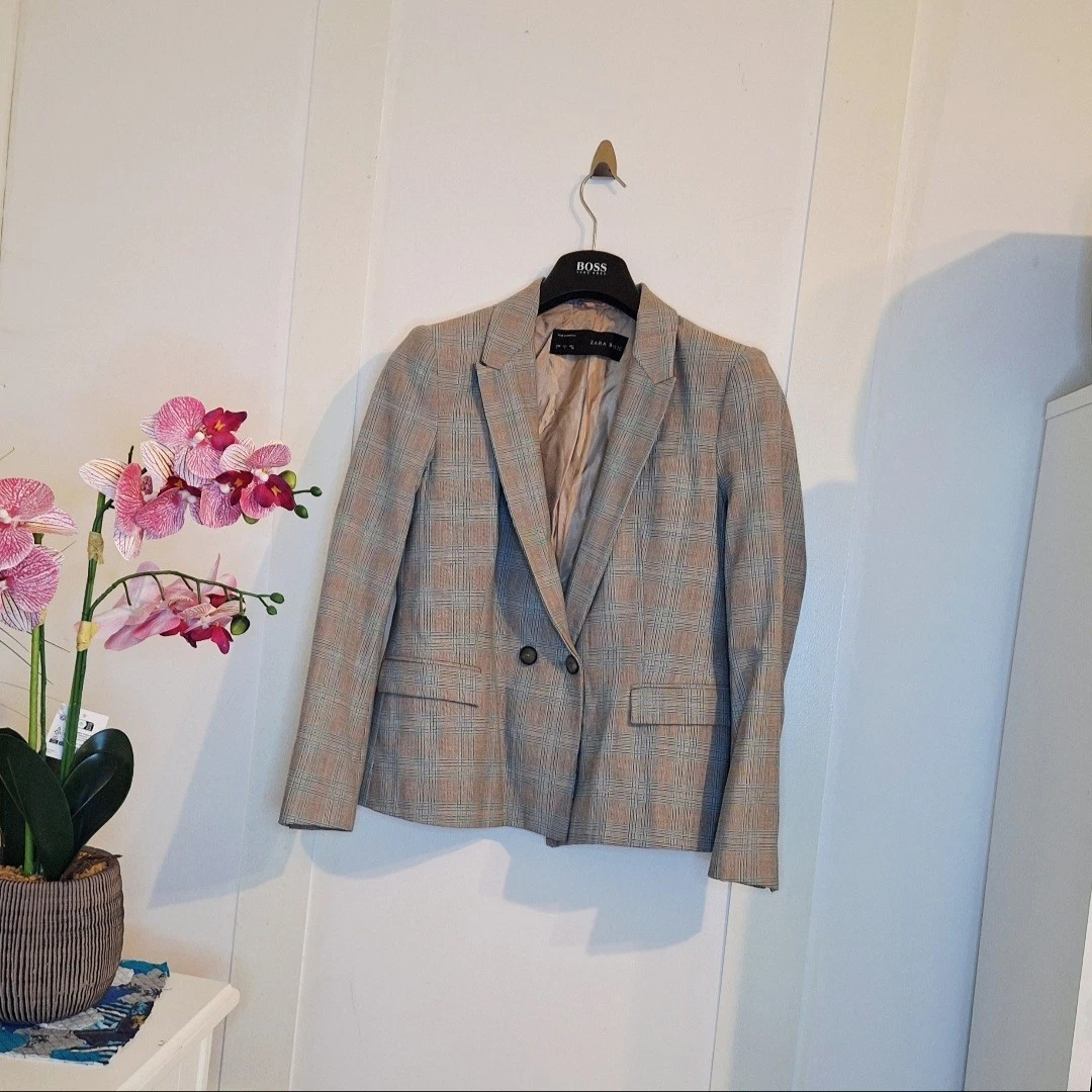 Zara Blazer Damen Größe 40 grau beige kariert | Sch-310