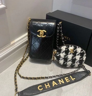 CHANEL MAKEUP VIP GIFT PU FAUX LEATHER PHONE CASE TWEED COIN PURSE CROSSBODY BAG