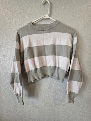 rue21 Women's XS Gray/White Striped Knit Crew Neck Long Sleeve Pullover Sweater