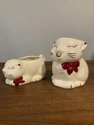 Rare MCM Vintage 1940s Shawnee Pottery Puss n Boots Cat Sugar Bowl & Creamer