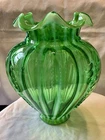 RARE VTG FENTON ART GLASS GREEN OPALESCENT RIB OPTIC FEATHER BELLY VASE