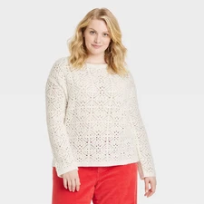 Women's Boat Neck Openwork Pullover Sweater - Universal Thread Cream XXL