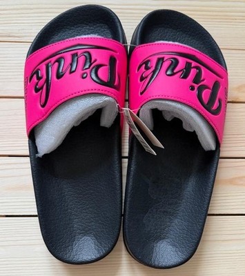 Victoria s Secret PINK NATION Sandals Slip On Slides Black Bright Pink Medium