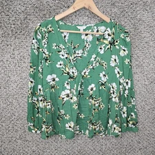 Lucky Brand Top Womens Medium Green Floral Print V Neck Blouse Casual Ladies