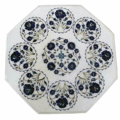 18'' Inlay white marble center side Coffee Table Top blue malachite pietra dura
