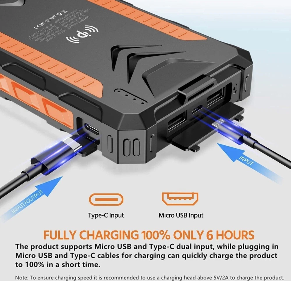 Solar Power Bank 38800mAh with Fast Qi Wireless Charging - Orange