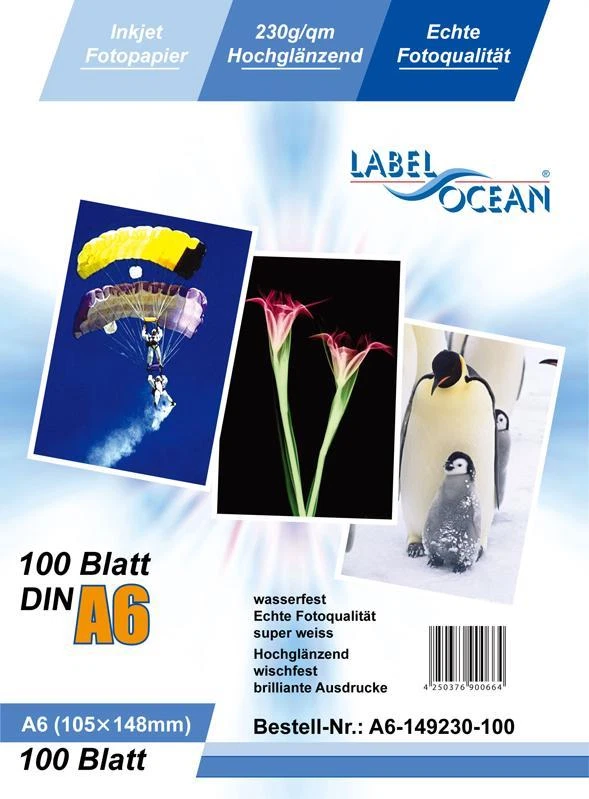 1000 Blatt A6 230g/m² Fotopapier hochglänzend und wasserfest von LabelOcean