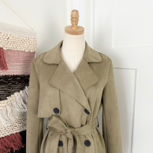 ZARA Faux Suede Short Double-Breasted Trench Coat Olive Green Sz XS - Picture 2 of 12