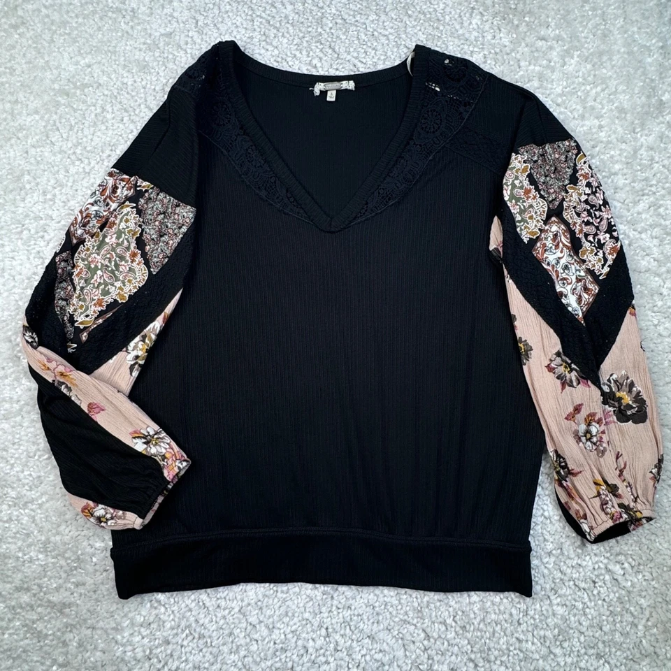 Gimmicks на BKE черный V шеи кружева верхний цветочный пейсли Puff рукава женщин большой