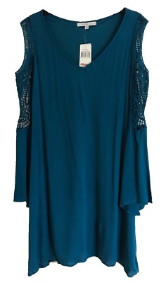 Fever Women s Cold Shoulder Lace Trim Bell Sleeves Dress, Lyons Blue, Size M