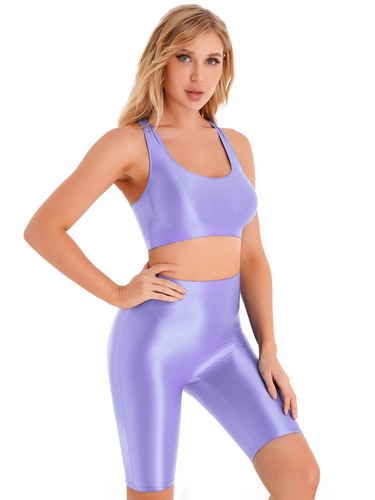 Womens Workout Set Glossy Gym Crop Top with Shorts Outfit Swimsuit Tracksuit - Picture 128 of 174