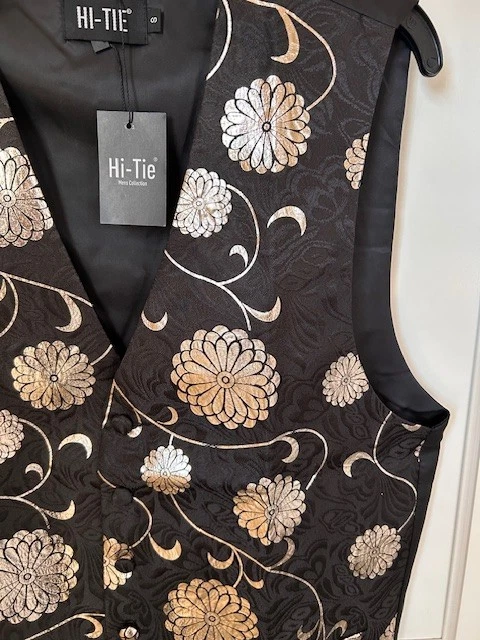 Hi-Tie Silk Vest Floral NWT Waistcoat Black Gold Sz S Formal Wedding Event - Image 2 of 4