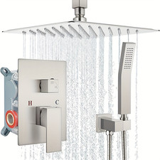 Brushed Nickel Bathroom 8" Rain Shower Faucet Set w/ Mixer Valve Ceiling Mounted