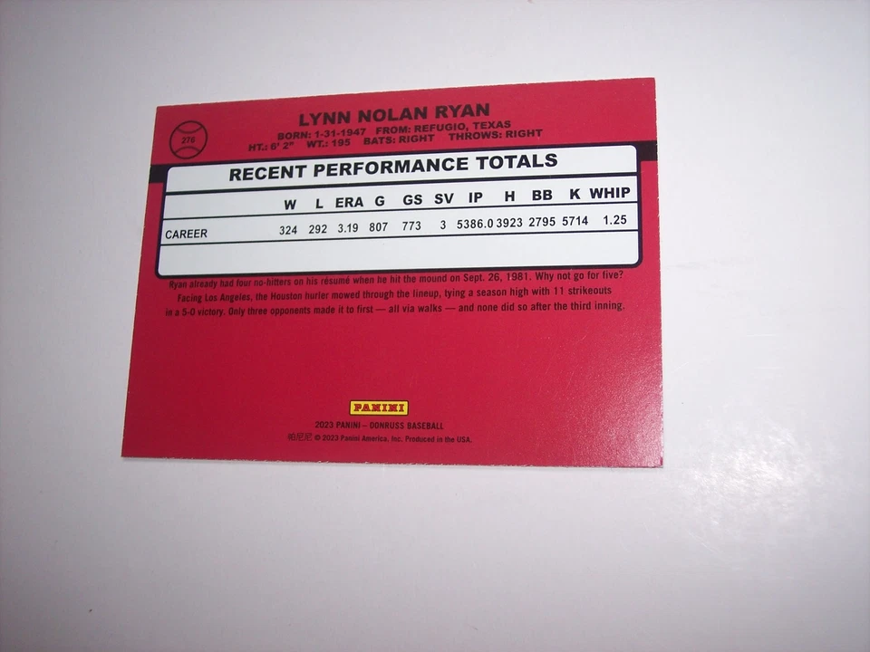 Tarjeta de béisbol Donruss Blue Holo 2023 Nolan Ryan error imagen inversa #276 gema Foto 2 de 2