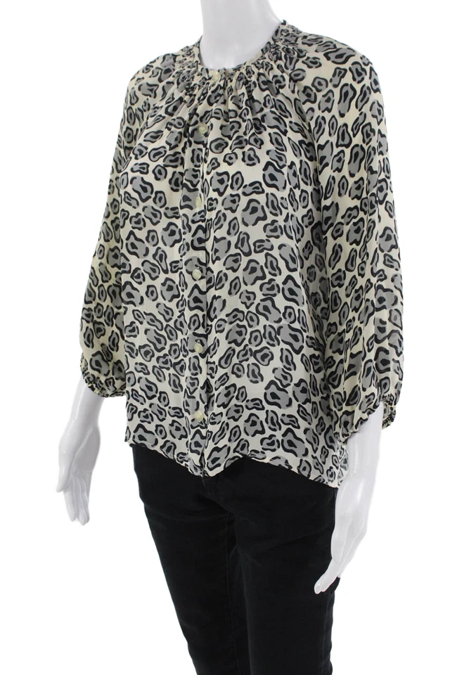 Elegante blusa blanca con estampado animal abotonada manga larga Tucker para mujer talla S Foto 2 de 4