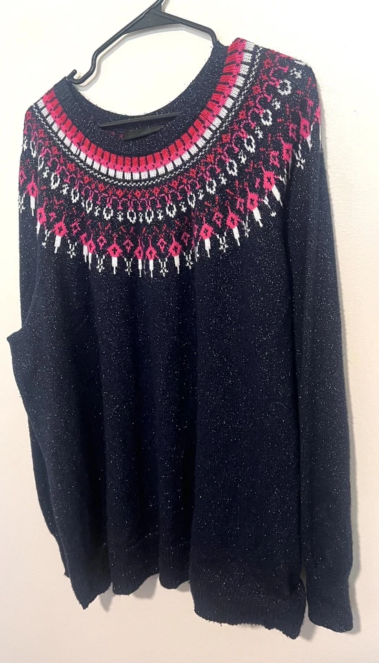 Suéter Lane Bryant Sparkly Fair Isle Azul Marino Para Mujer’s 26 28 3X Mezcla Festiva de Lana  Foto 2 de 4