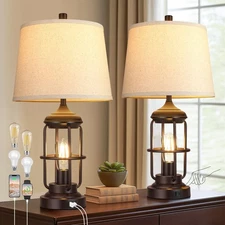 Qimh Table Lamp for Bedroom Set of 2 with USB A+C Ports, Farmhouse Bedside La...