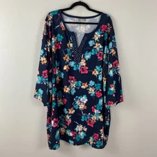 Catherines Embellished 3/4 Sleeves Floral Tunic Size 4X Split Neck Pullover