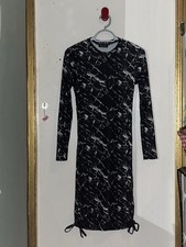 Black & White Marble Print Long Sleeve Ruched Bodycon Midi Dress