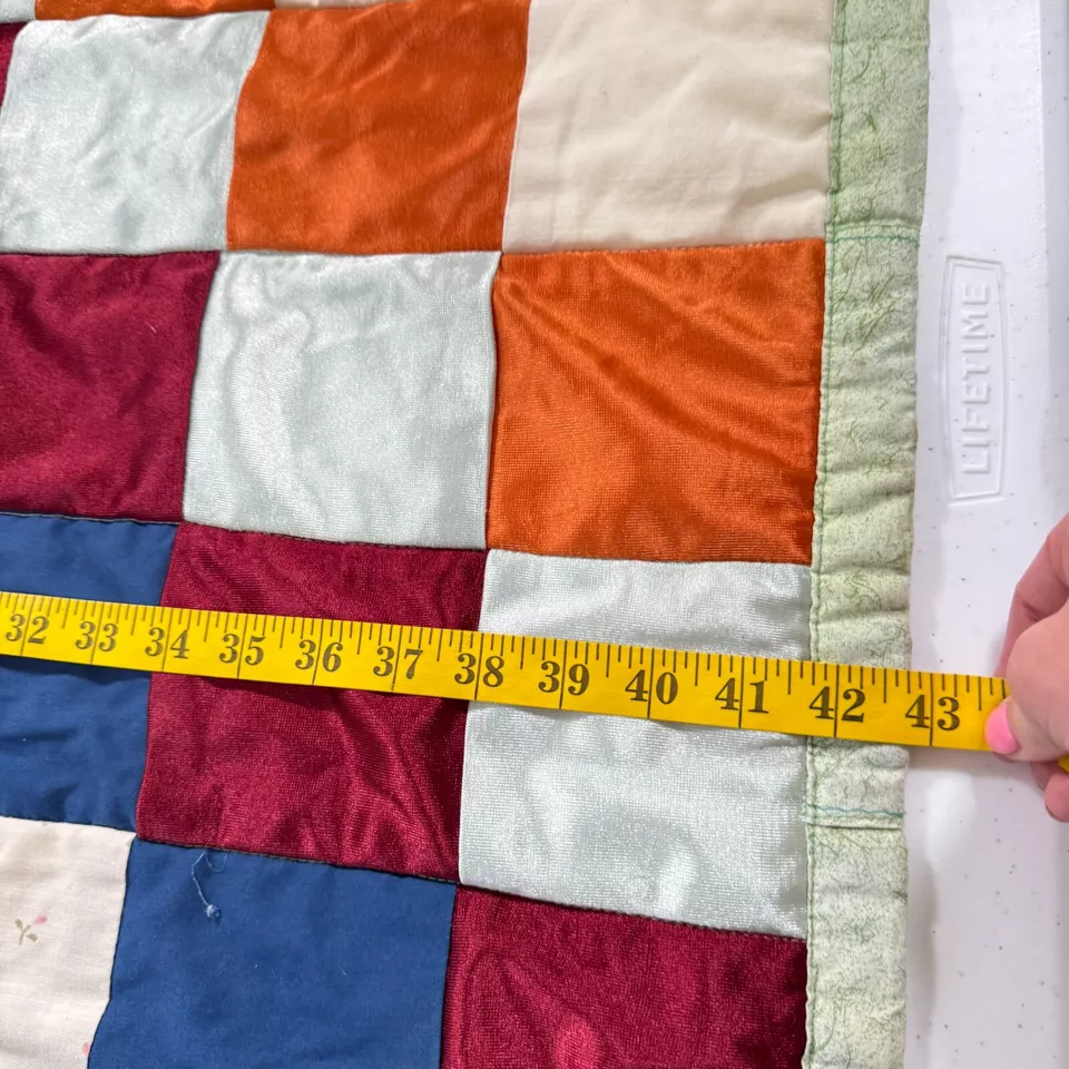 handmade lap quilt red blue diagonal square block rustic primitive - Image 3 of 4