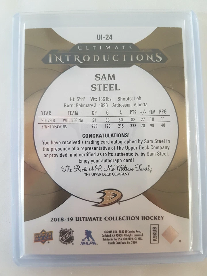 2018-19 Ultimate Collections Introductions #UI-24 Sam Steel Anaheim Ducks Auto - Image 2 of 2