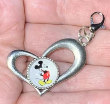 Silver Mickey Mouse Heart Charm Zipper Pull & Keychain Add On Clip!!