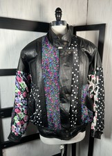 Clipper Bay 80s Insulated Black Leather & Floral Patchwork Bomber, Oversized Med
