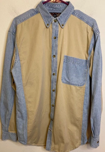 Vintage 90s Old College Inn Denim Tan Colorblock Button Long Sleeve Shirt Y2k M
