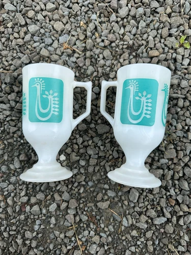 Set of 2 Vintage Federal Milk Glass Pedestal Cups Mugs Turquoise Danish Rooster