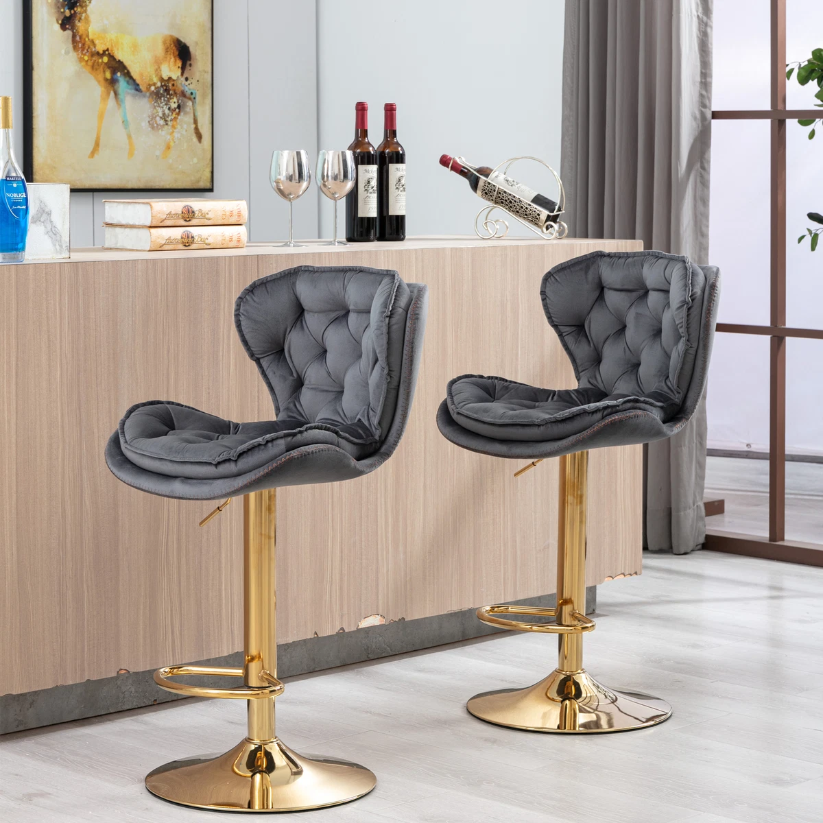 Bar Stool Set of 2 Velvet Counter Height Bar Stools Adjustable Swivel Bar Chair