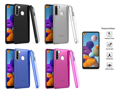 For Samsung Galaxy A21 S215DL A215W A215U1 TPU Skin Case Cover Tempered  Glass