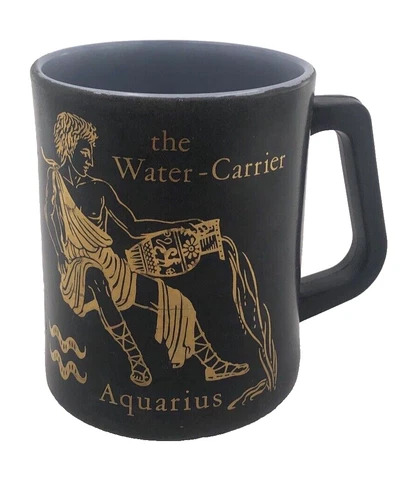 Vintage Federal Milk Glass AQUARIUS Zodiac Sign Coffee Mug Cup Black & Gold