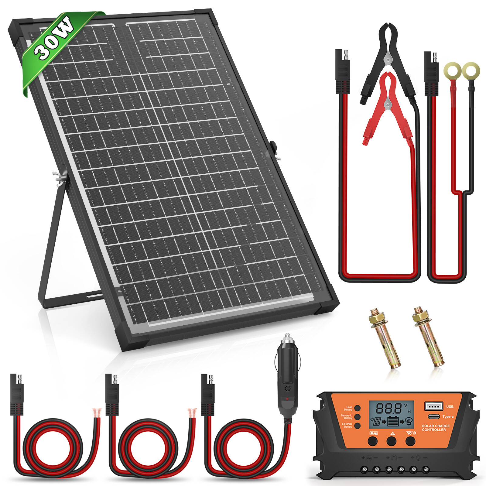 30W Bifacial Solar Panel Kit Trickle Charger Battery Controller Maintainer of RV