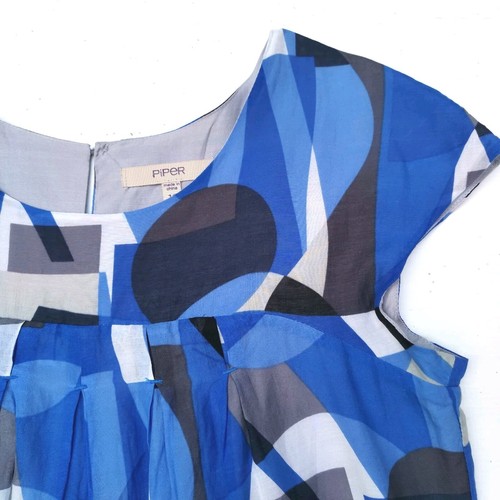 Piper Blue Silk and Cotton Blend Geometric Abstract Lined Shift Dress Size 10 - Picture 6 of 12