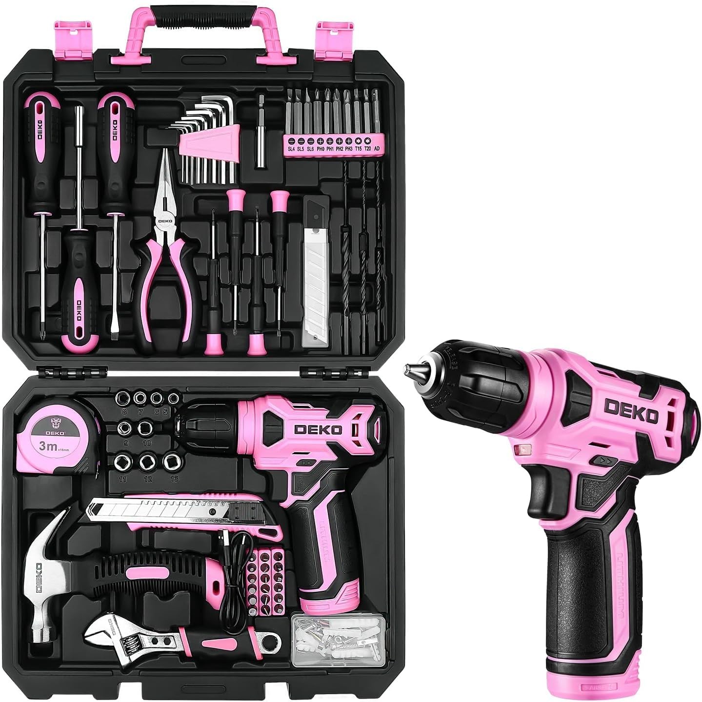 DEKO Cassetta Attrezzi Completa Rosa con Trapano Avvitatore Batteria 8V 126