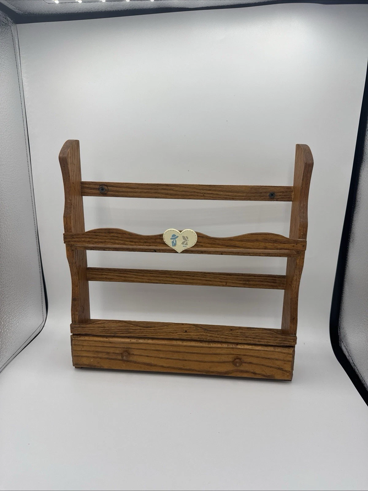 Vtg Small Wood Spice Rack Wall Shelf 2 Tier Rustic Farmhouse Drawer 12”x 13”