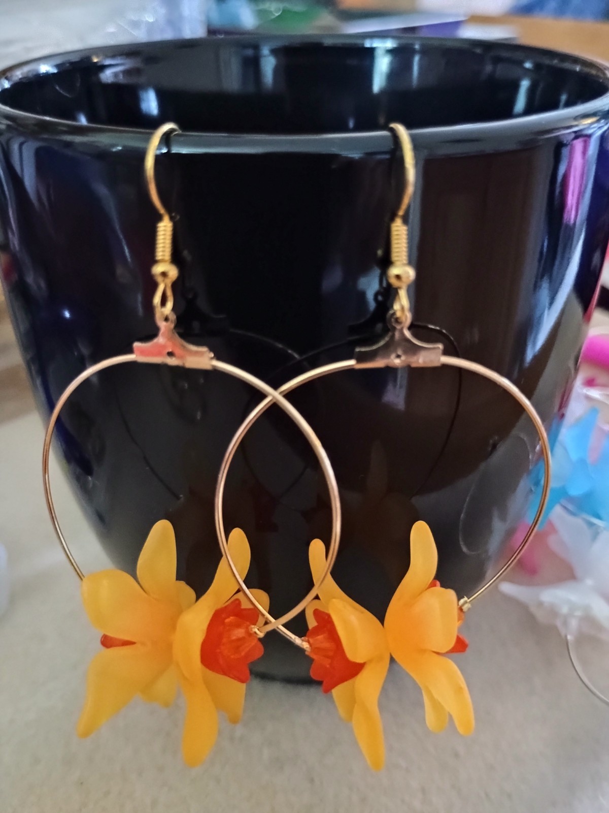 Handmade beaded Hoop Earrings - exotic flowers