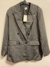 Women's Double Breasted Blazer - A New Day Gray Striped Size M